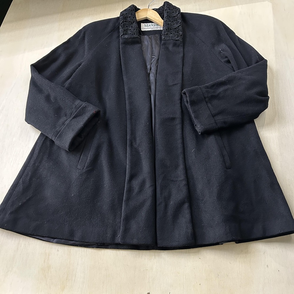 Vintage Mackintosh New England Coat Womens 2X Black Wool Embroidered Overcoat